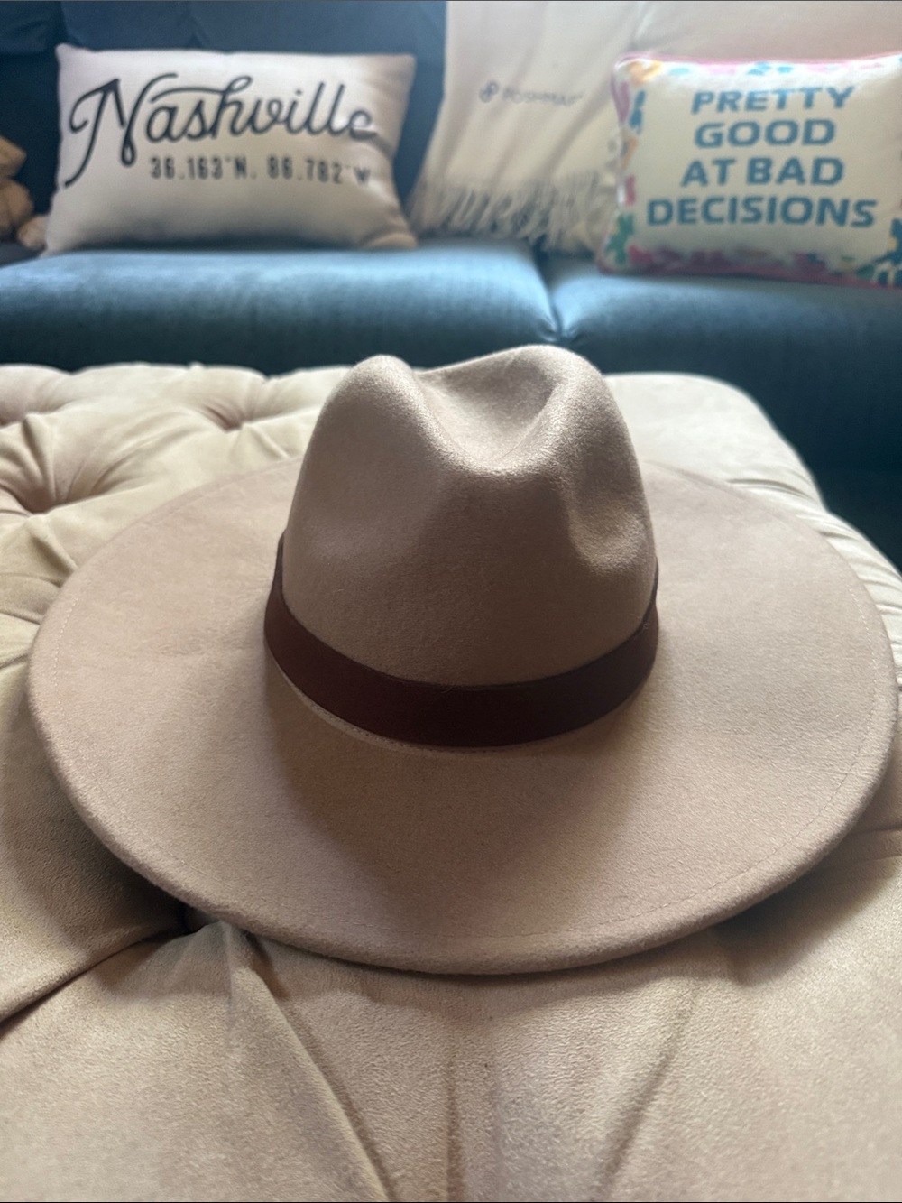 Free People Taupe Wide Brim Fedora with Brown Band